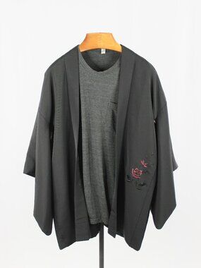 Vintage Japanese Black Maroon Floral Embroidered Kimono Robe, One Size